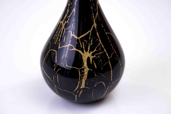 Druppelvormige handgemaakte urn van glas in de kleur zwart met bladgoud