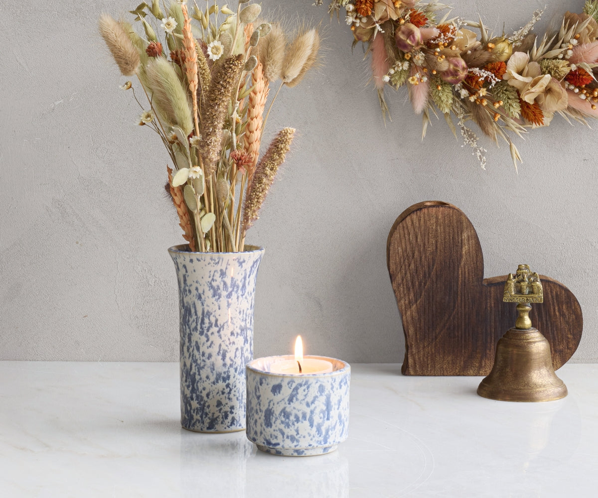 Helios handgemaakt urn van keramiek met waxinelichthouder in de kleuren wit en blauw